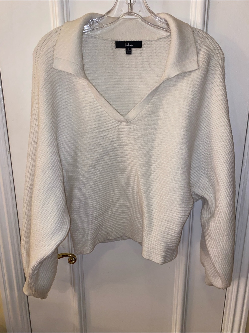 Lulu's Cream Ribbed V-Neck Collared Sweater Size S